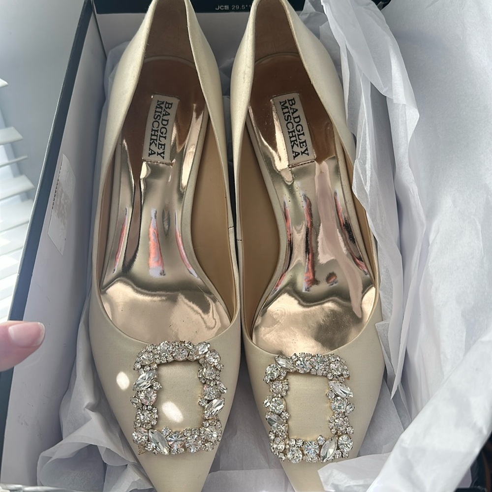 Badgley Mischka Carrie Size 9.5 Ivory Satin Crystal Embellished Bridal Pump